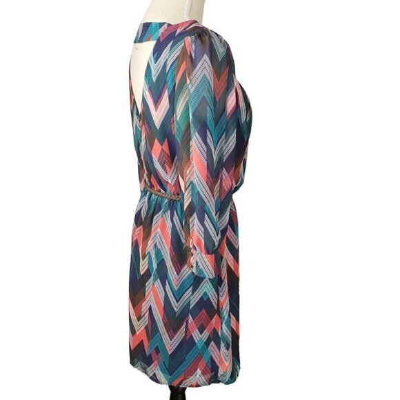 As U Wish Chevron Print Peek-a-boo Back A-Line Slip Lined Dress – Size Medium - Picture 2 of 16